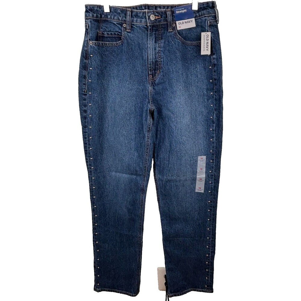 NWT Old Navy Sz 10 Extra High Rise Dark Wash Straight Smooth Studded